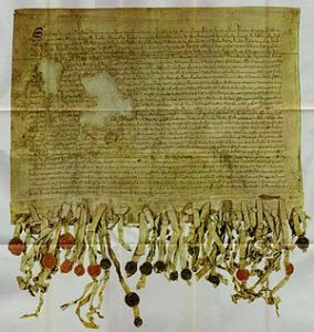 Drawn up by Bernard de Linton, Abbot of Aberbrothock and Chancellor of Scotland, and sent to Pope John XXII by the Scottish Estates in Parliament assembled in the Abbey of Aberbrothock, under the presidency of King Robert the Bruce, on April 6th, A.D. 1320. 